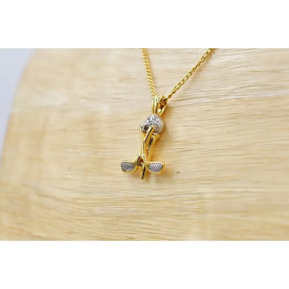 Navika Pendant Necklace Golf Clubs Gold Tone Chain Vintage Elegant Signed BinM